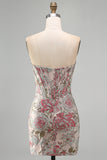 Roze Bloem Jacquard Korset Bodycon Pailletten Strapless Korte Homecoming Jurk