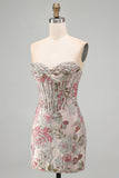 Roze Bloem Jacquard Korset Bodycon Pailletten Strapless Korte Homecoming Jurk