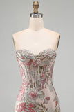 Roze Bloem Jacquard Korset Bodycon Pailletten Strapless Korte Homecoming Jurk