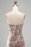 Roze Bloem Jacquard Korset Bodycon Pailletten Strapless Korte Homecoming Jurk