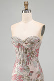 Roze Bloem Jacquard Korset Bodycon Pailletten Strapless Korte Homecoming Jurk