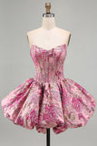 Rood bloemenkorset Jacquard A-lijn strapless korte homecomingjurk met bubbelzoom