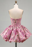Rood bloemenkorset Jacquard A-lijn strapless korte homecomingjurk met bubbelzoom