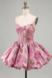 Rood bloemenkorset Jacquard A-lijn strapless korte homecomingjurk met bubbelzoom