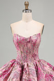 Rood bloemenkorset Jacquard A-lijn strapless korte homecomingjurk met bubbelzoom