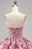 Rood bloemenkorset Jacquard A-lijn strapless korte homecomingjurk met bubbelzoom