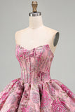 Rood bloemenkorset Jacquard A-lijn strapless korte homecomingjurk met bubbelzoom