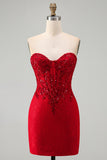 Rode bodycon strapless kralenkorset met pailletten korte homecomingjurk met kant