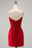 Rode bodycon strapless kralenkorset met pailletten korte homecomingjurk met kant