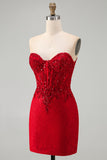 Rode bodycon strapless kralenkorset met pailletten korte homecomingjurk met kant