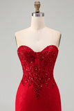 Rode bodycon strapless kralenkorset met pailletten korte homecomingjurk met kant