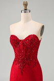 Rode bodycon strapless kralenkorset met pailletten korte homecomingjurk met kant