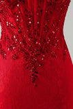 Rode bodycon strapless kralenkorset met pailletten korte homecomingjurk met kant