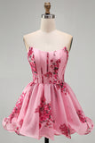 Roze A-lijn strapless korset met ruches en bloemenprint korte homecomingjurk