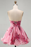 Roze A-lijn strapless korset met ruches en bloemenprint korte homecomingjurk
