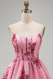 Roze A-lijn strapless korset met ruches en bloemenprint korte homecomingjurk