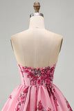 Roze A-lijn strapless korset met ruches en bloemenprint korte homecomingjurk