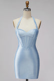 Lichtblauwe halter korset Bodycon korte homecomingjurk met kralen