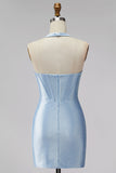 Lichtblauwe halter korset Bodycon korte homecomingjurk met kralen