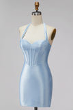 Lichtblauwe halter korset Bodycon korte homecomingjurk met kralen