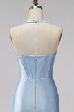 Lichtblauwe halter korset Bodycon korte homecomingjurk met kralen