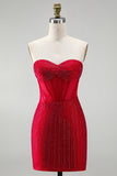 Rode korset Bodycon strapless kralenbeklede korte homecomingjurk met veter op de rug