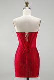 Rode korset Bodycon strapless kralenbeklede korte homecomingjurk met veter op de rug