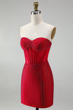 Rode korset Bodycon strapless kralenbeklede korte homecomingjurk met veter op de rug