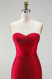 Rode korset Bodycon strapless kralenbeklede korte homecomingjurk met veter op de rug