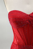 Rode korset Bodycon strapless kralenbeklede korte homecomingjurk met veter op de rug
