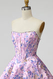Lila korset Bloemen Jacquard Parels A-lijn strapless korte homecoming jurk