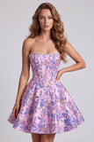 Lila korset Bloemen Jacquard Parels A-lijn strapless korte homecoming jurk