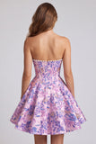 Lila korset Bloemen Jacquard Parels A-lijn strapless korte homecoming jurk
