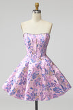 Lila korset Bloemen Jacquard Parels A-lijn strapless korte homecoming jurk