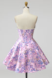 Lila korset Bloemen Jacquard Parels A-lijn strapless korte homecoming jurk