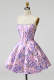 Lila korset Bloemen Jacquard Parels A-lijn strapless korte homecoming jurk