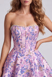 Lila korset Bloemen Jacquard Parels A-lijn strapless korte homecoming jurk