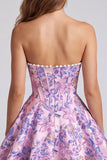 Lila korset Bloemen Jacquard Parels A-lijn strapless korte homecoming jurk