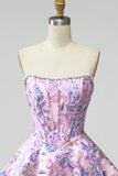 Lila korset Bloemen Jacquard Parels A-lijn strapless korte homecoming jurk