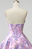 Lila korset Bloemen Jacquard Parels A-lijn strapless korte homecoming jurk