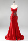 Strapless zeemeermin gerimpelde, sweep sleep satijnrode galajurk met split