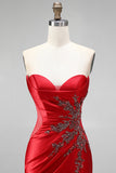 Strapless zeemeermin gerimpelde, sweep sleep satijnrode galajurk met split