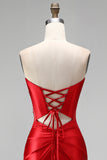Strapless zeemeermin gerimpelde, sweep sleep satijnrode galajurk met split