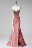 Zeemeermin Corset satijn gerimpeld strapless roze galajurk met split