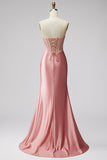 Zeemeermin Corset satijn gerimpeld strapless roze galajurk met split