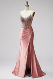 Zeemeermin Corset satijn gerimpeld strapless roze galajurk met split