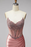 Zeemeermin Corset satijn gerimpeld strapless roze galajurk met split