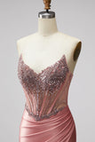Zeemeermin Corset satijn gerimpeld strapless roze galajurk met split