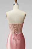 Zeemeermin Corset satijn gerimpeld strapless roze galajurk met split