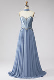 Stoffig blauw Baskisch taille chiffon korset Rhinestone lange galajurk met sjaal